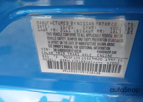 2022 Nissan Sentra Sr Xtronic Cvt из США, поврежденный, VIN 3N1AB8DV0NY218538